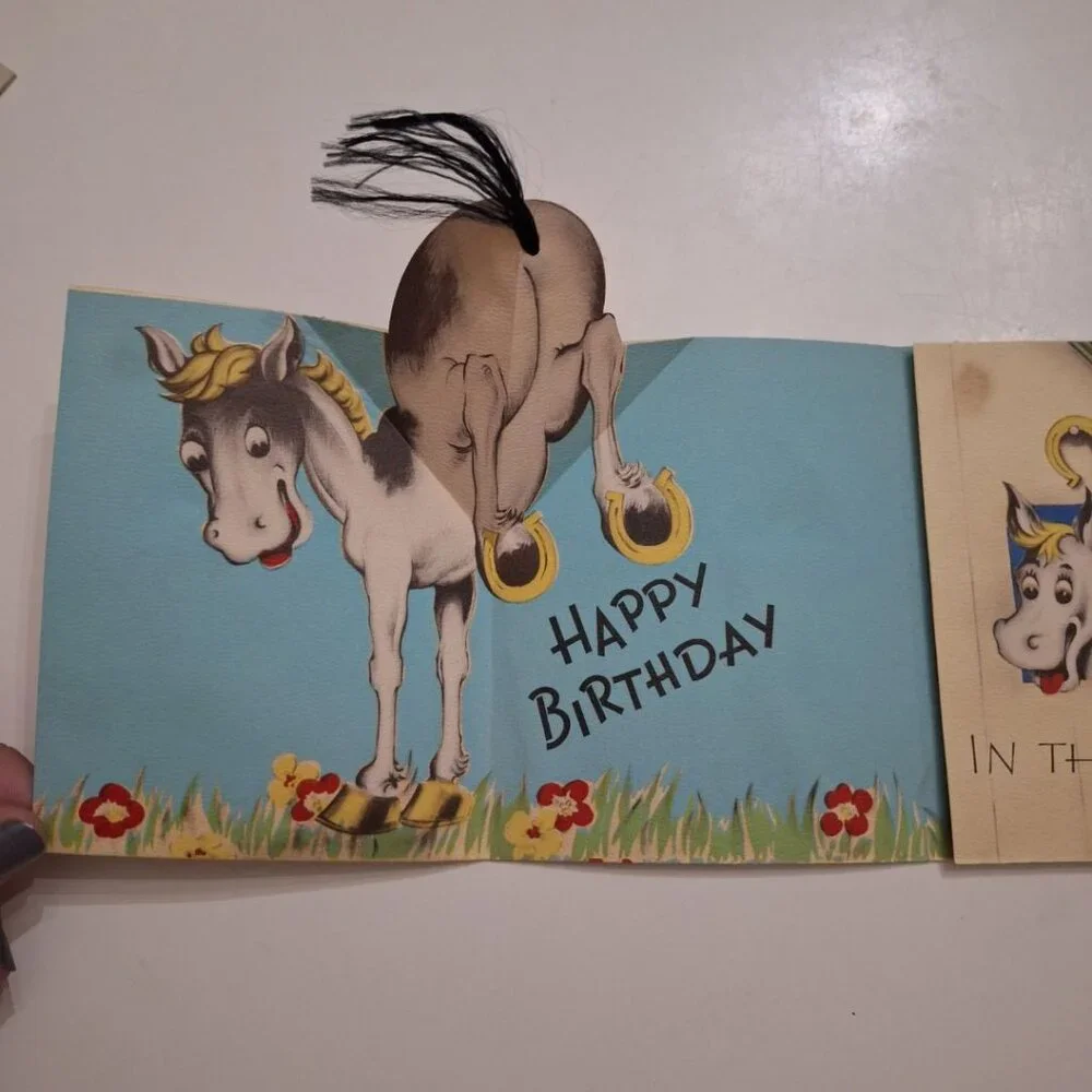 Birthday Tales Pop-up Tails Kick Card Vintage 1950s‎ Cow Horse Farm Country